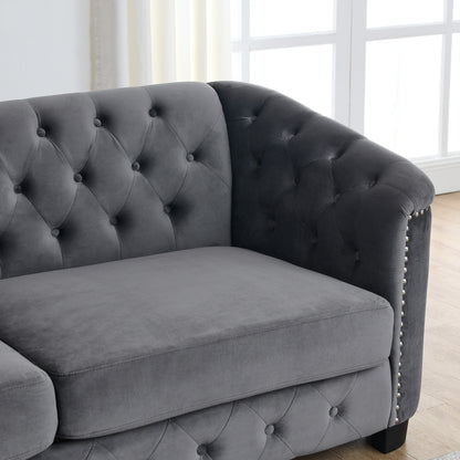 Divano moderno in velluto a 3 posti da 77'' con schienale capitonné, finiture con borchie e 2 cuscini