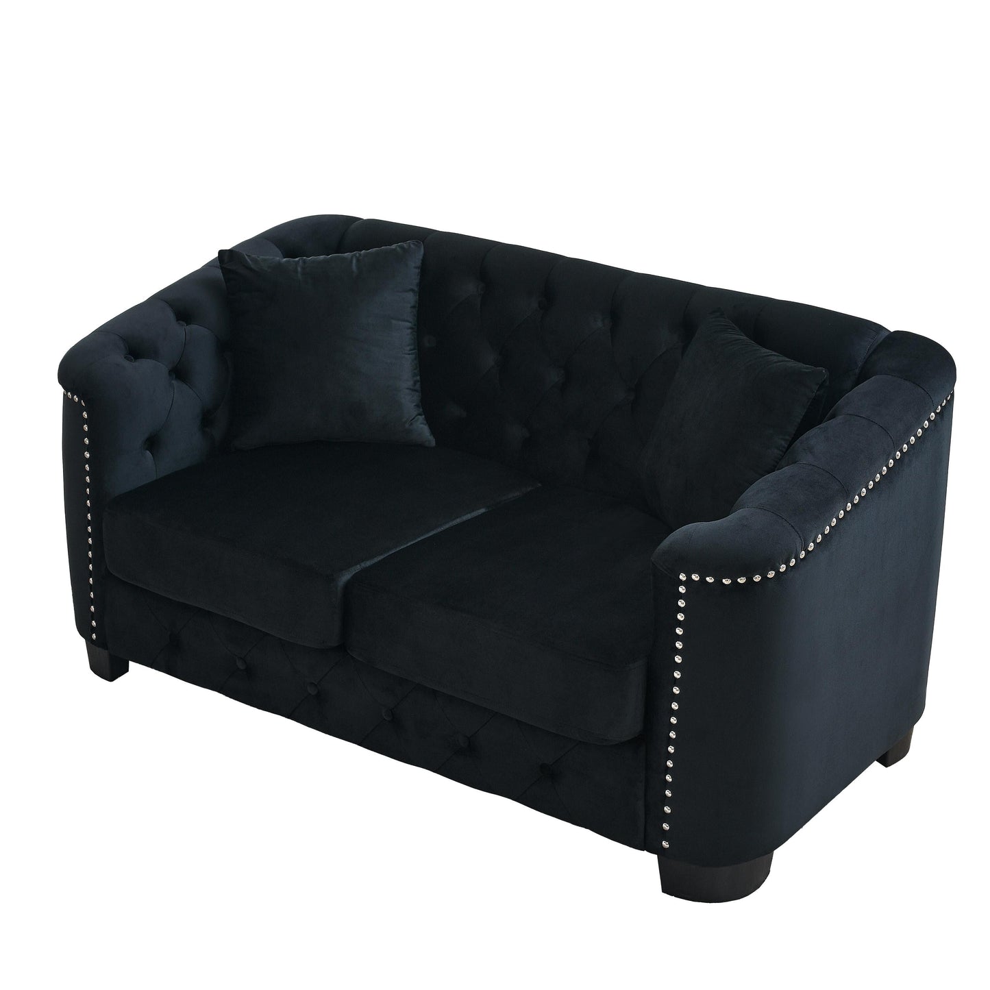 Divano moderno in velluto a 3 posti da 77'' con schienale capitonné, finiture con borchie e 2 cuscini