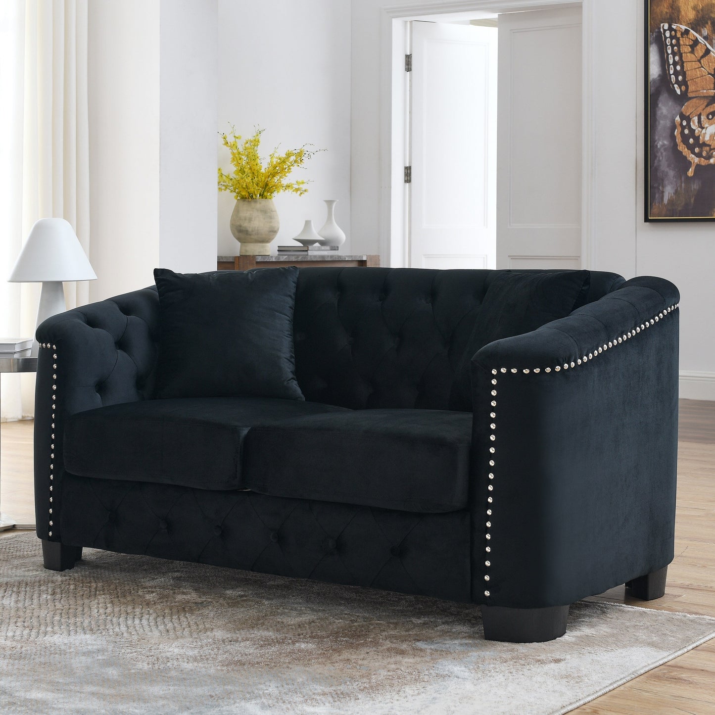 Divano moderno in velluto a 3 posti da 77'' con schienale capitonné, finiture con borchie e 2 cuscini