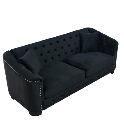 Divano moderno in velluto a 3 posti da 77'' con schienali trapuntati, finiture con borchie e 2 cuscini