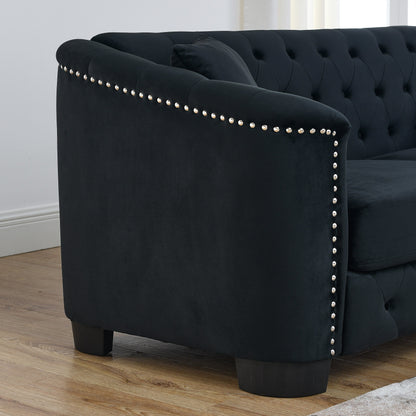 Divano moderno in velluto a 3 posti da 77'' con schienali trapuntati, finiture con borchie e 2 cuscini