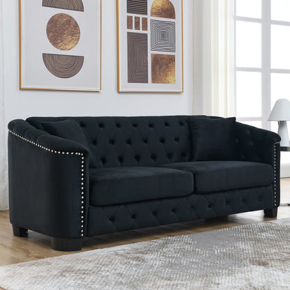 Divano moderno in velluto a 3 posti da 77'' con schienali trapuntati, finiture con borchie e 2 cuscini