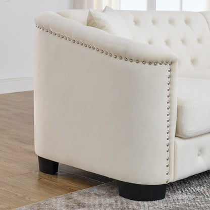 Divano moderno in velluto a 3 posti da 77'' con schienali trapuntati, finiture con borchie e 2 cuscini