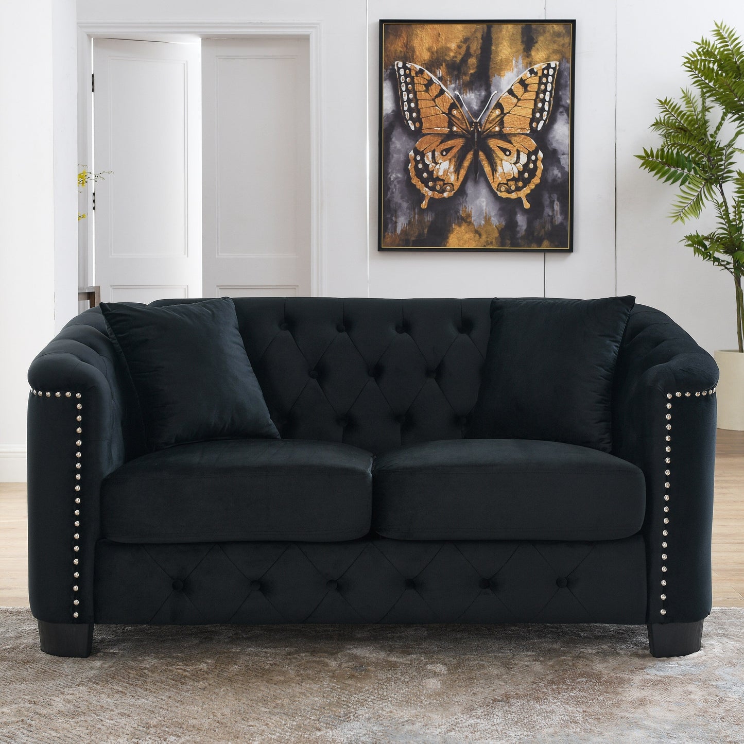 Divano moderno in velluto a 3 posti da 77'' con schienali trapuntati, finiture con borchie e 2 cuscini