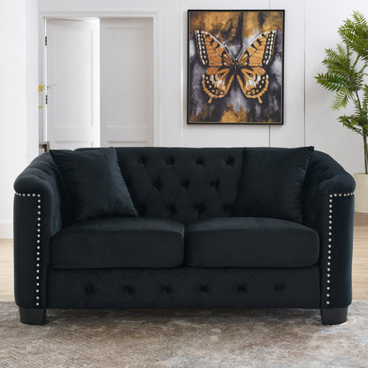 Divano moderno in velluto a 3 posti da 77'' con schienali trapuntati, finiture con borchie e 2 cuscini