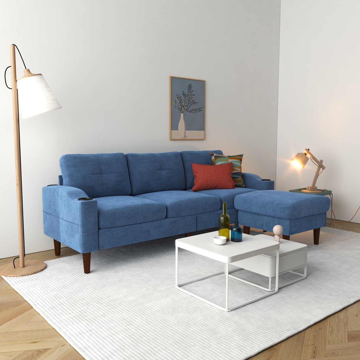 Divano a 3 posti in tessuto a forma di L da 78,74 pollici con pouf contenitore, porta USB, portabicchieri e design moderno