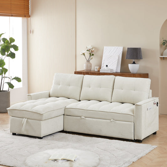 Divano letto a 3 posti a L da 78,75 pollici con porte USB e Type-C, letto estraibile, chaise longue contenitore e tasche laterali portaoggetti