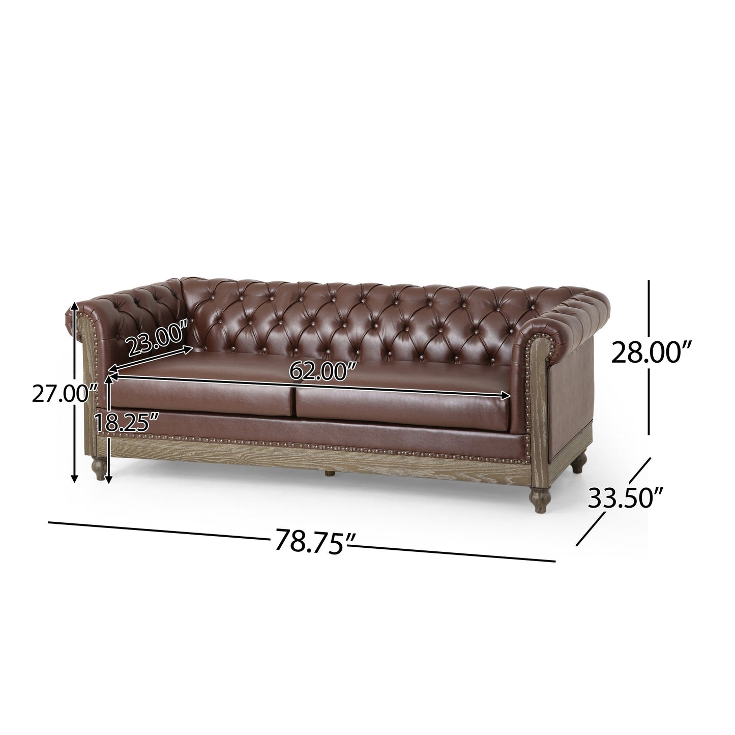 Divano a 3 posti in pelle PU da 78,75'' con gambe in legno ed eleganti dettagli con rivetti