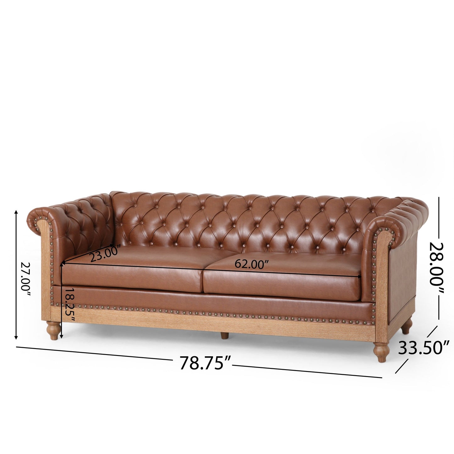 Divano a 3 posti in pelle PU da 78,75'' con gambe in legno, dettagli rivettati e schienale regolabile