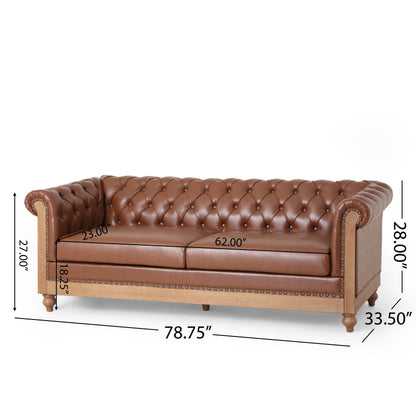 Divano a 3 posti in pelle PU da 78,75'' con gambe in legno, dettagli rivettati e schienale regolabile