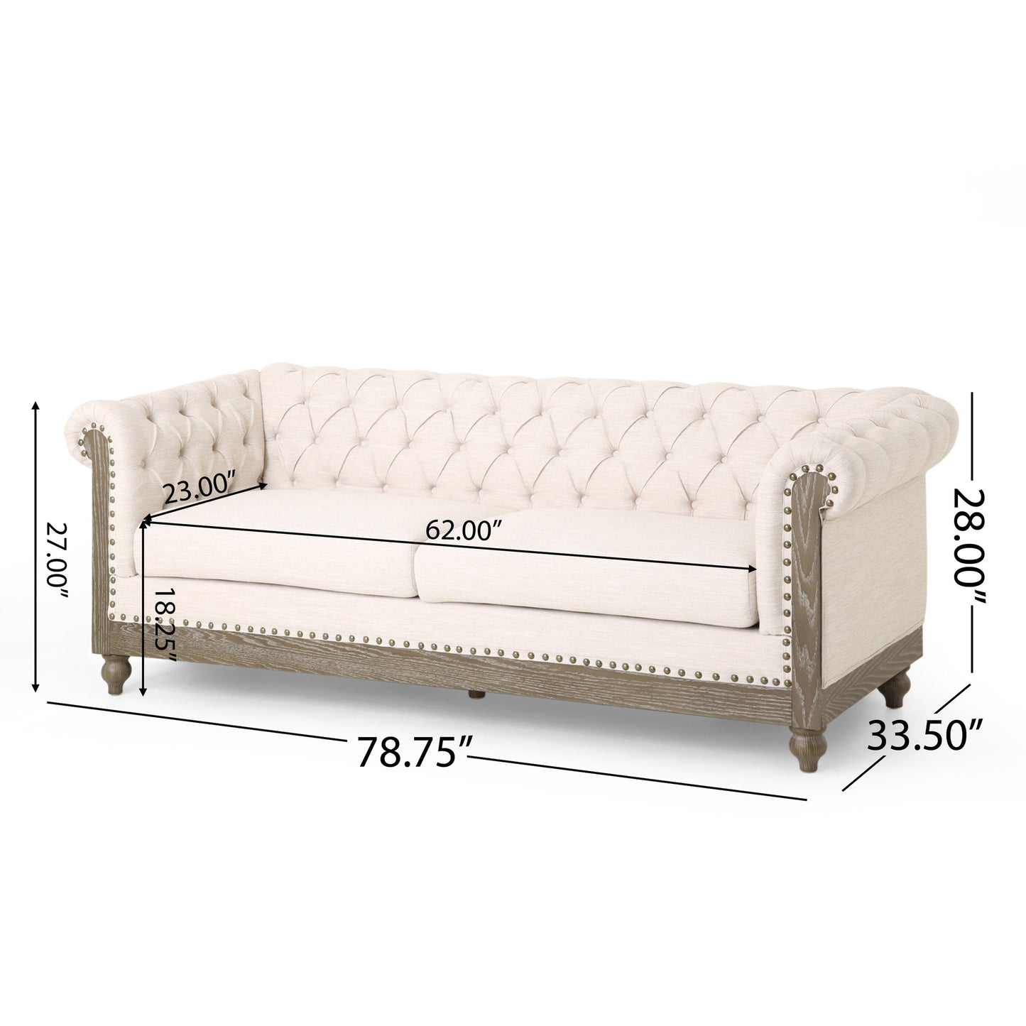 Divano a 3 posti in pelle PU da 78,75'' con gambe in legno, dettagli rivettati e schienale regolabile