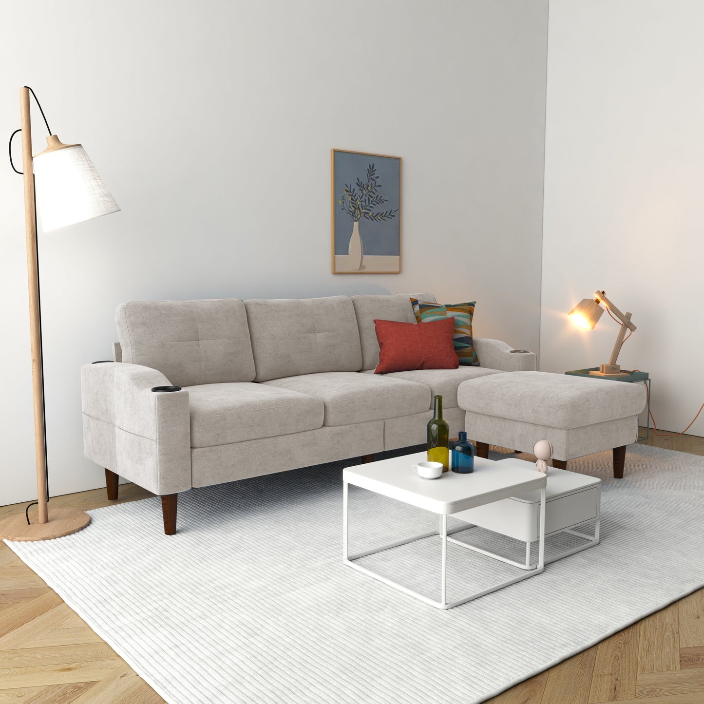 Divano trasformabile in tessuto a L da 78'' con contenitore, porta USB e portabicchieri, ideale per piccoli spazi