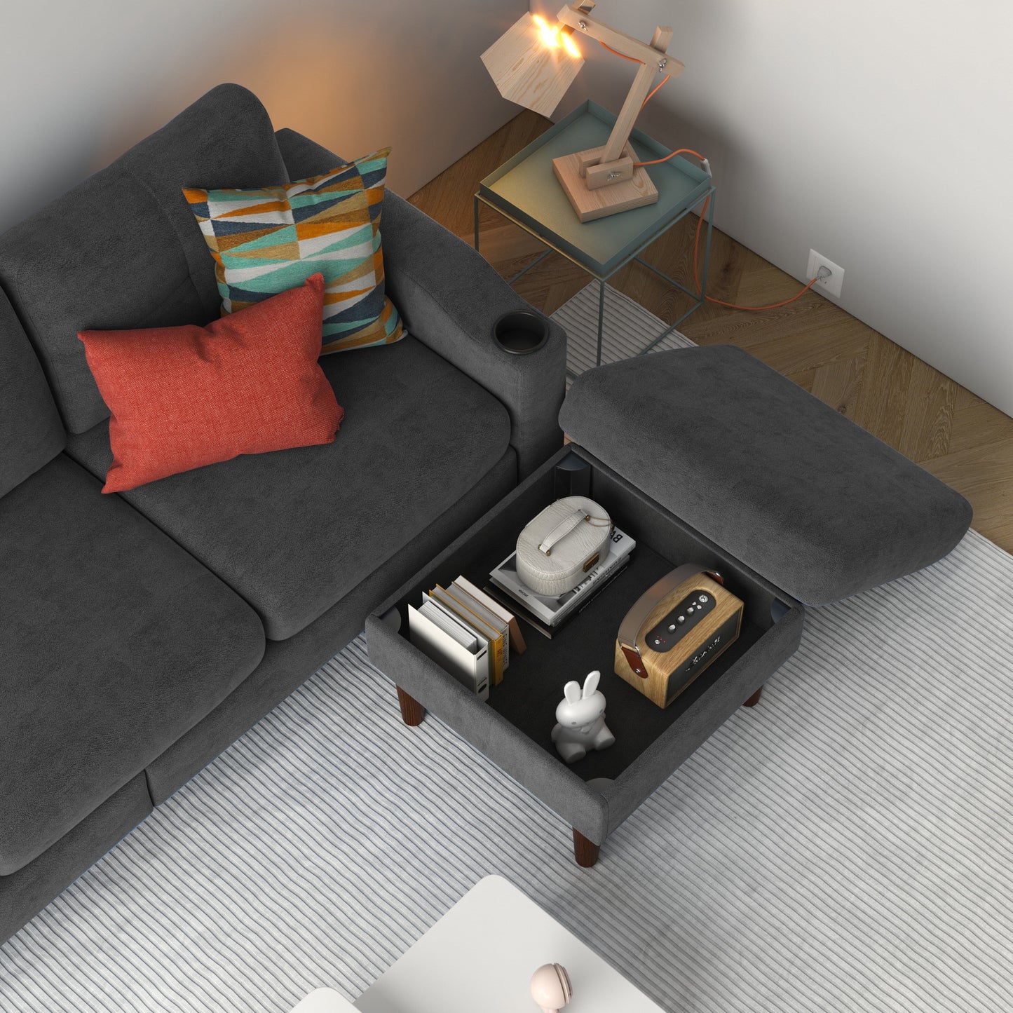 Divano trasformabile in tessuto a L da 78'' con contenitore, porta USB e portabicchieri, ideale per piccoli spazi