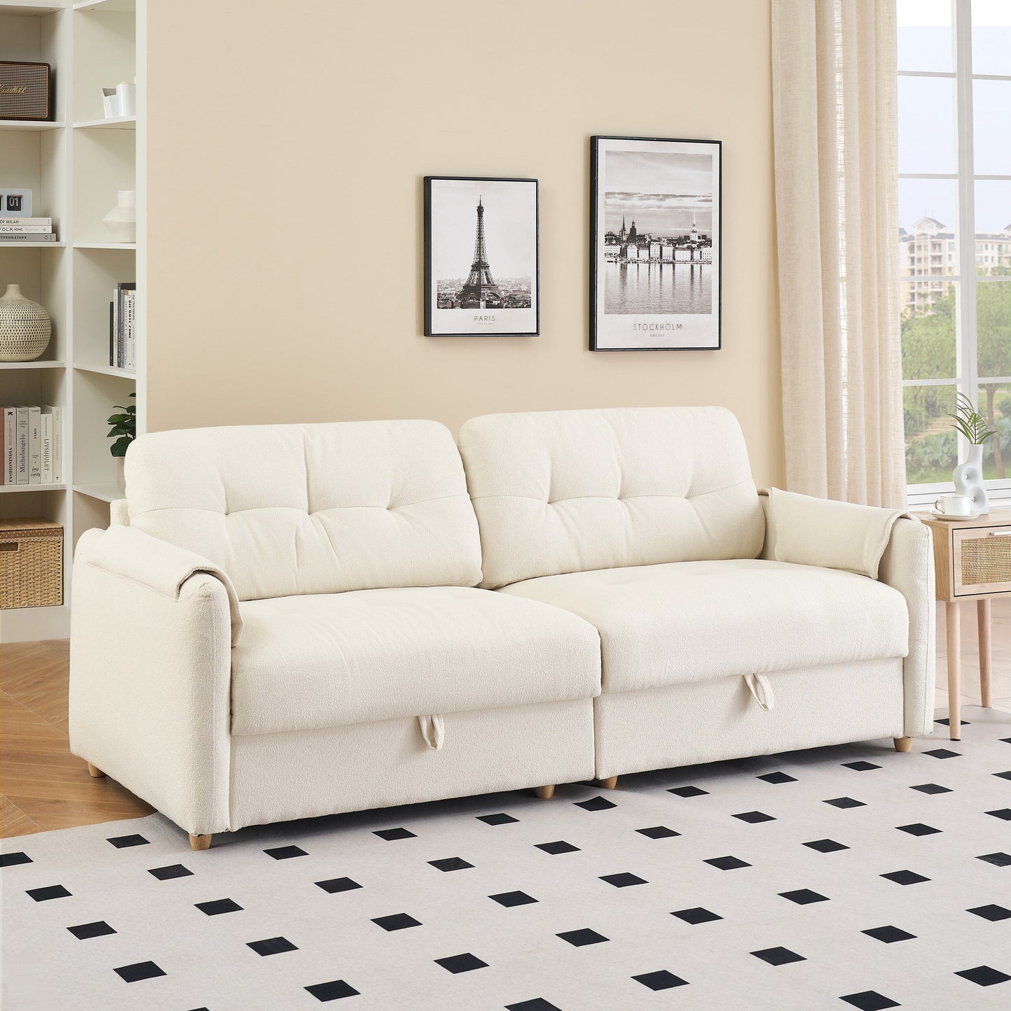Tessuto per divano Teddy Cotton Linen lungo 79,50 pollici, con gambe lunghe coniche in metallo, striscia di metallo abbinata, elegante e semplice - Beige