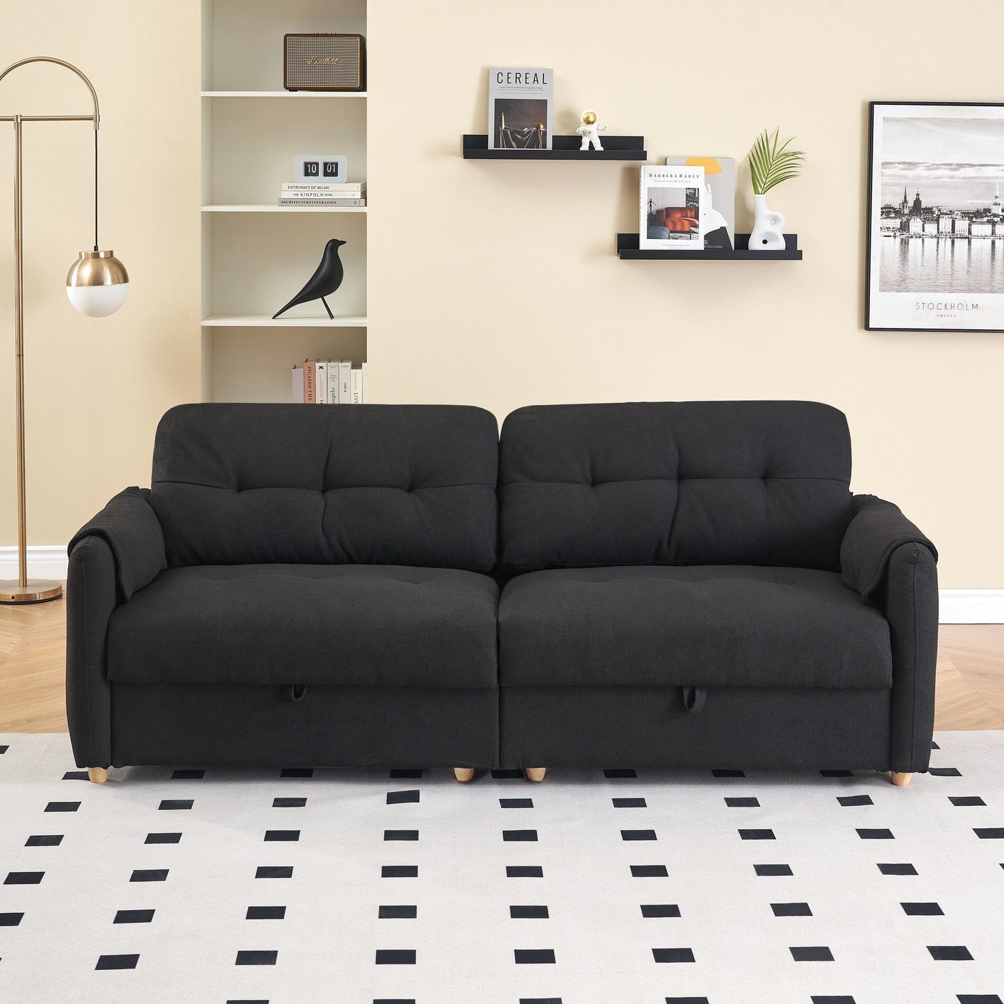 Tessuto per divano Teddy Cotton Linen lungo 79,50 pollici, con gambe lunghe coniche in metallo, striscia di metallo abbinata, elegante e semplice