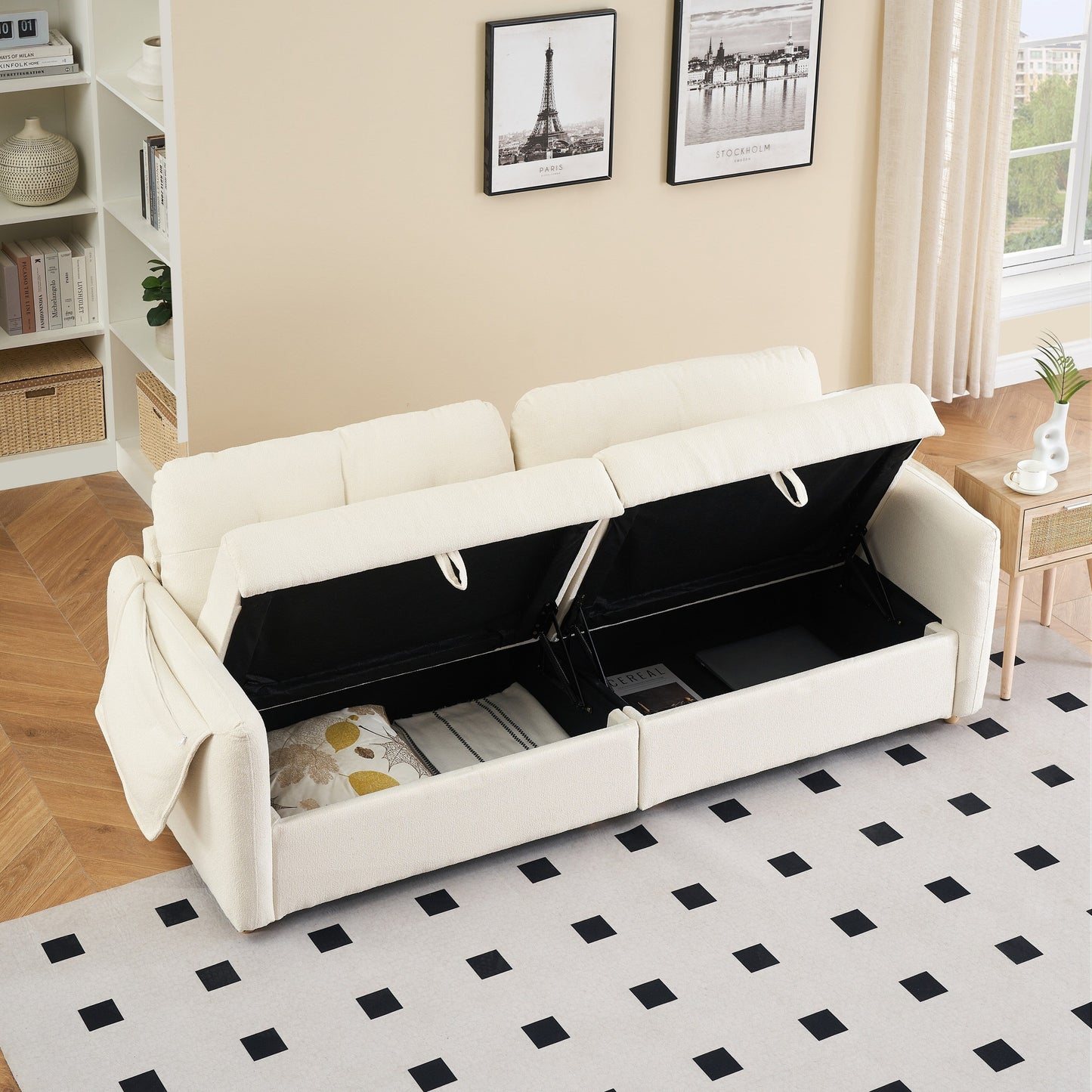 Tessuto per divano Teddy Cotton Linen lungo 79,50 pollici, con gambe lunghe coniche in metallo, striscia di metallo abbinata, elegante e semplice