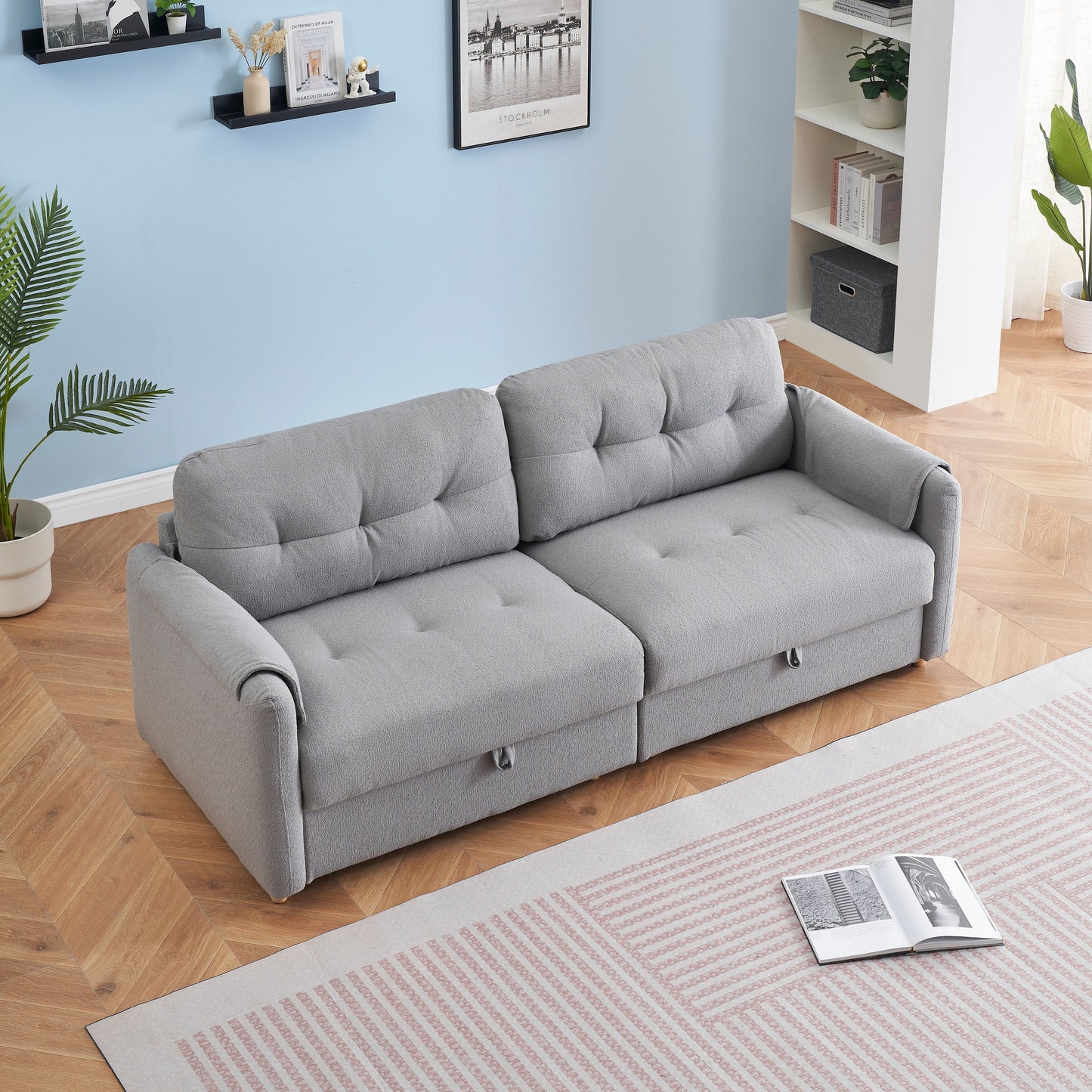 Tessuto per divano Teddy Cotton Linen lungo 79,50 pollici, con gambe lunghe coniche in metallo, striscia di metallo abbinata, elegante e semplice