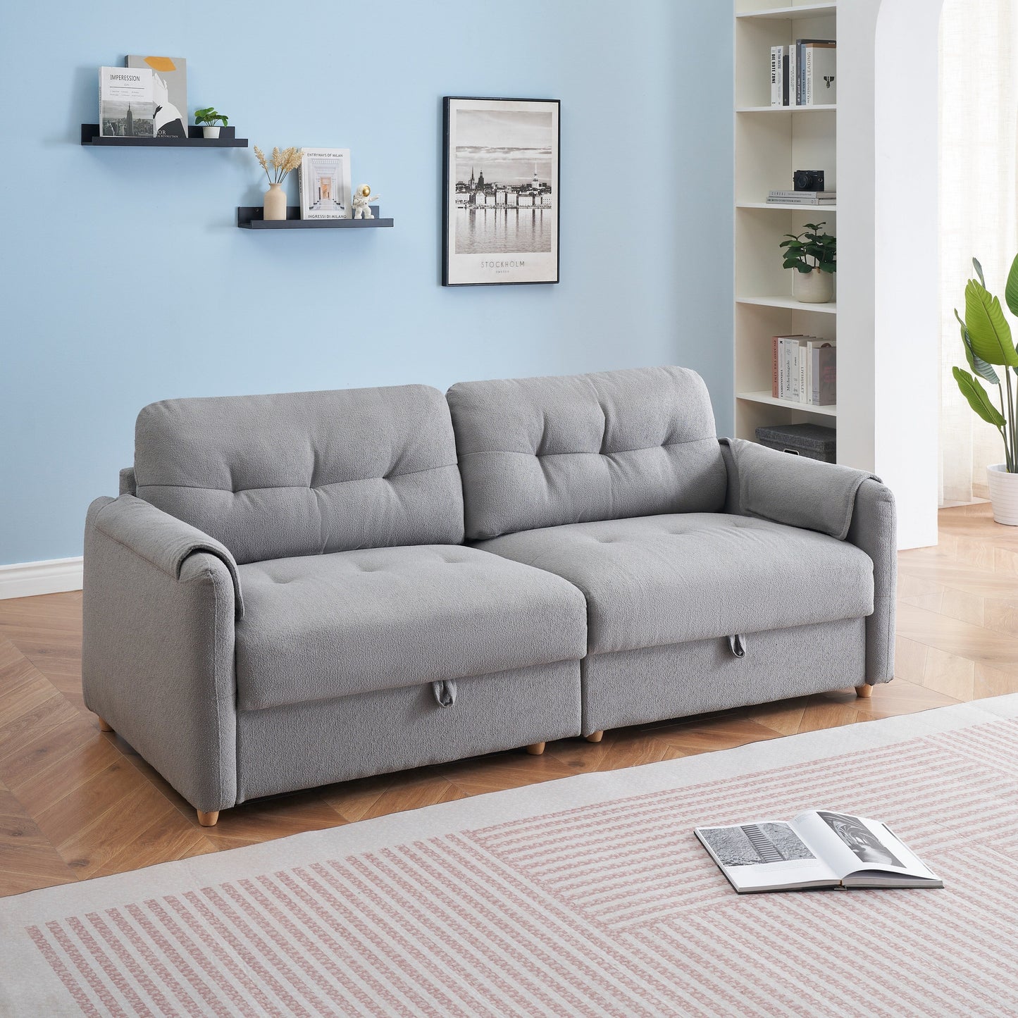 Tessuto per divano Teddy Cotton Linen lungo 79,50 pollici, con gambe lunghe coniche in metallo, striscia di metallo abbinata, elegante e semplice