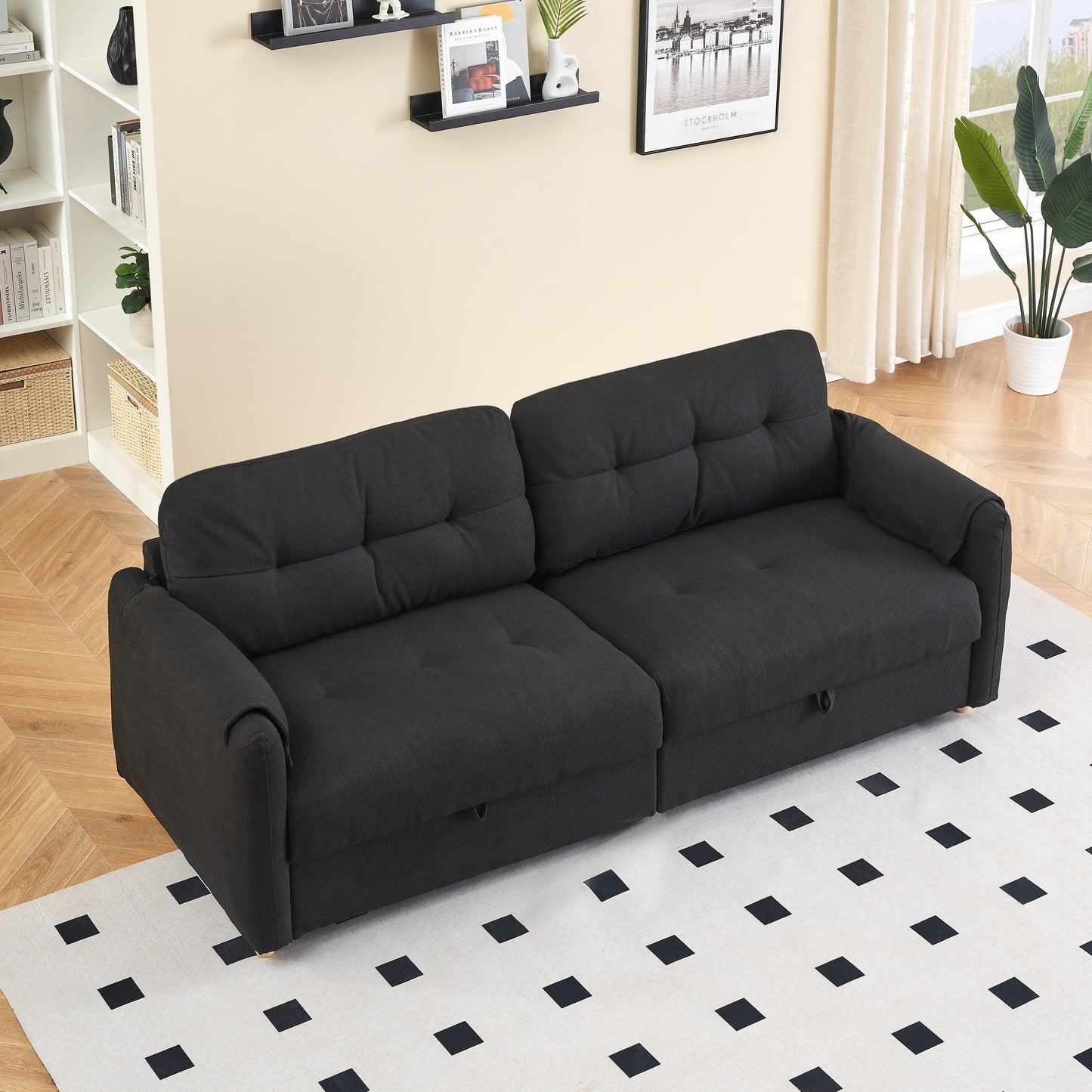 Tessuto per divano Teddy Cotton Linen lungo 79,50 pollici, con gambe lunghe coniche in metallo, striscia di metallo abbinata, elegante e semplice