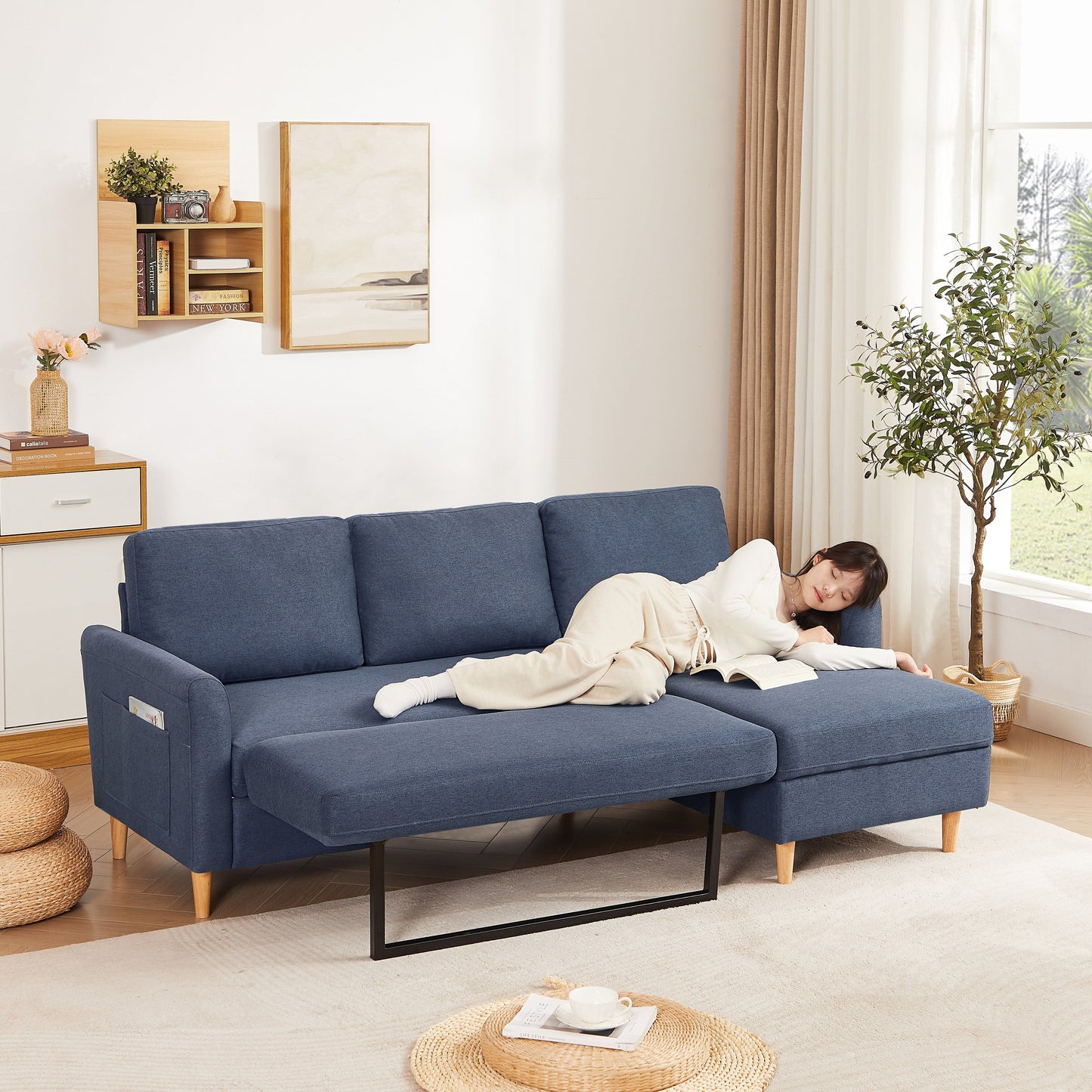 Divano letto a 3 posti a L in tessuto da 79,5'' con chaise longue, letto estraibile e design imbottito