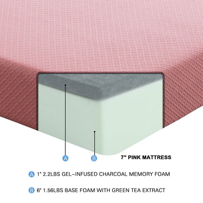 Set di materasso e cuscino da 7 pollici, in memory foam con gel traspirante, rosa, materasso in scatola