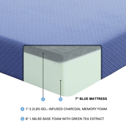 Set di materasso e cuscino singolo da 7 pollici, materasso in memory foam infuso di gel e tessuto traspirante, blu, materasso in una scatola