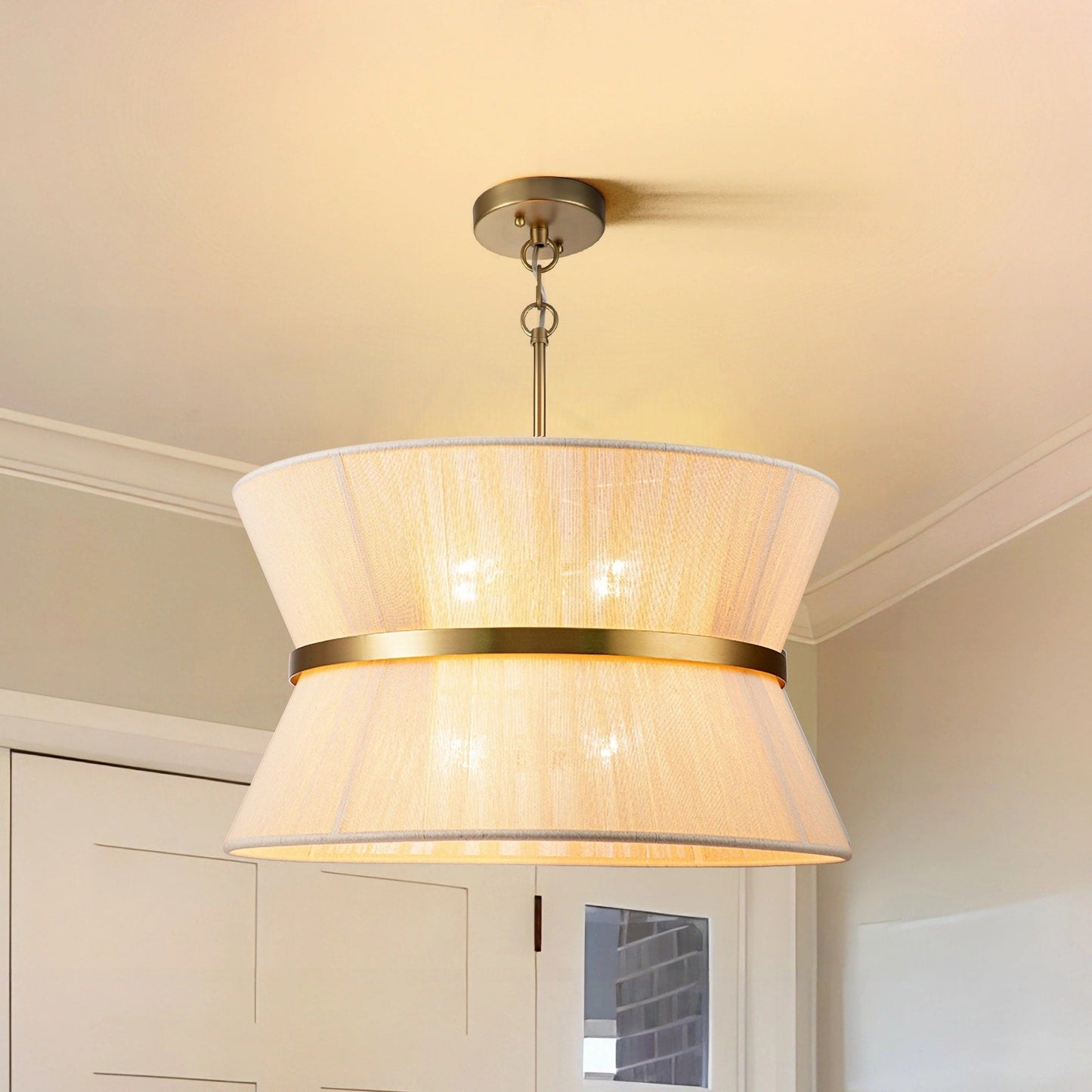 Lampadario a tamburo grande in stile boho moderno a 8 luci, lampadario a clessidra in tessuto intrecciato a mano da 24 pollici in oro/nero per sala da pranzo/soggiorno