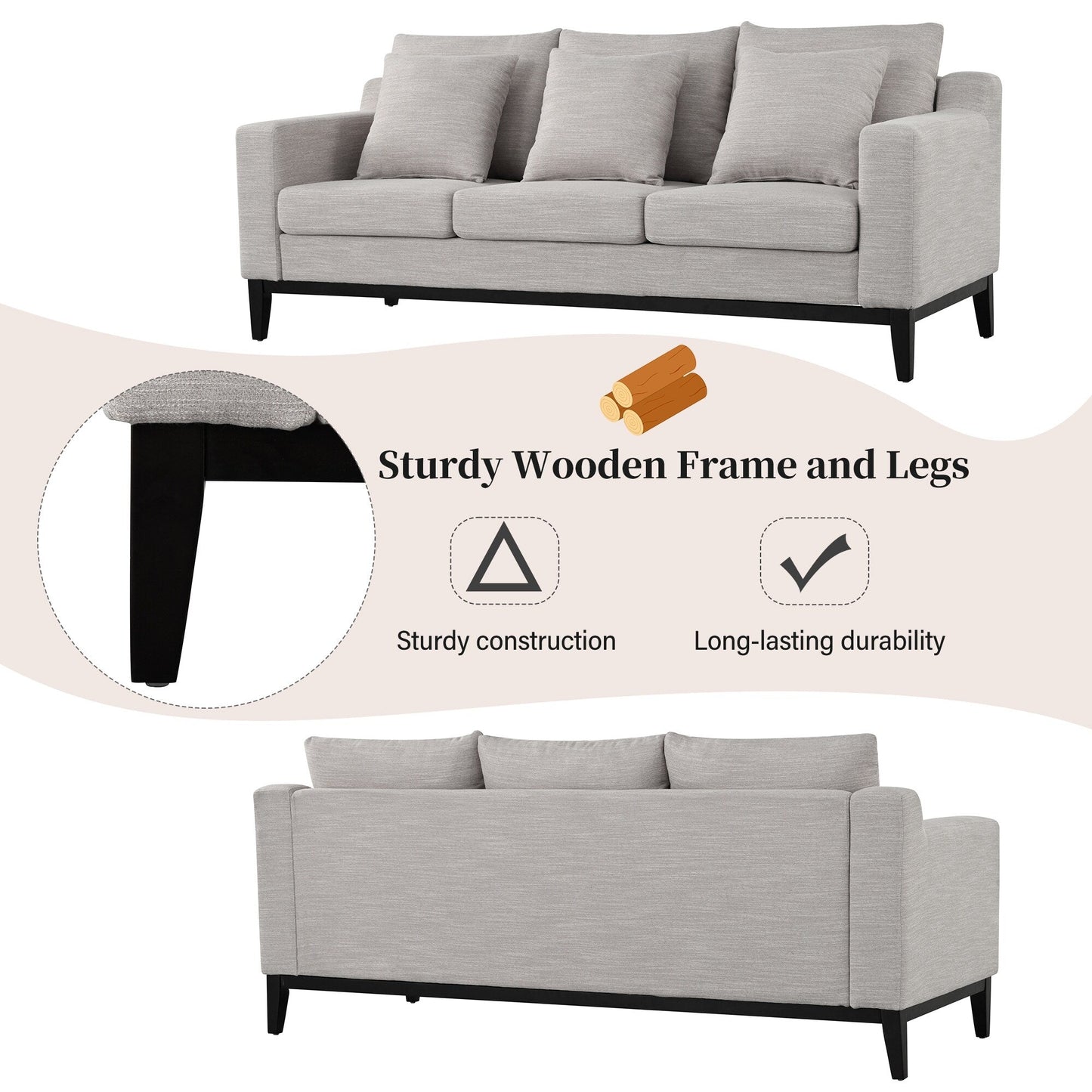 Divano a 3 posti in poliestere 80,5, finiture in legno massello - Comfort premium per soggiorno o studio