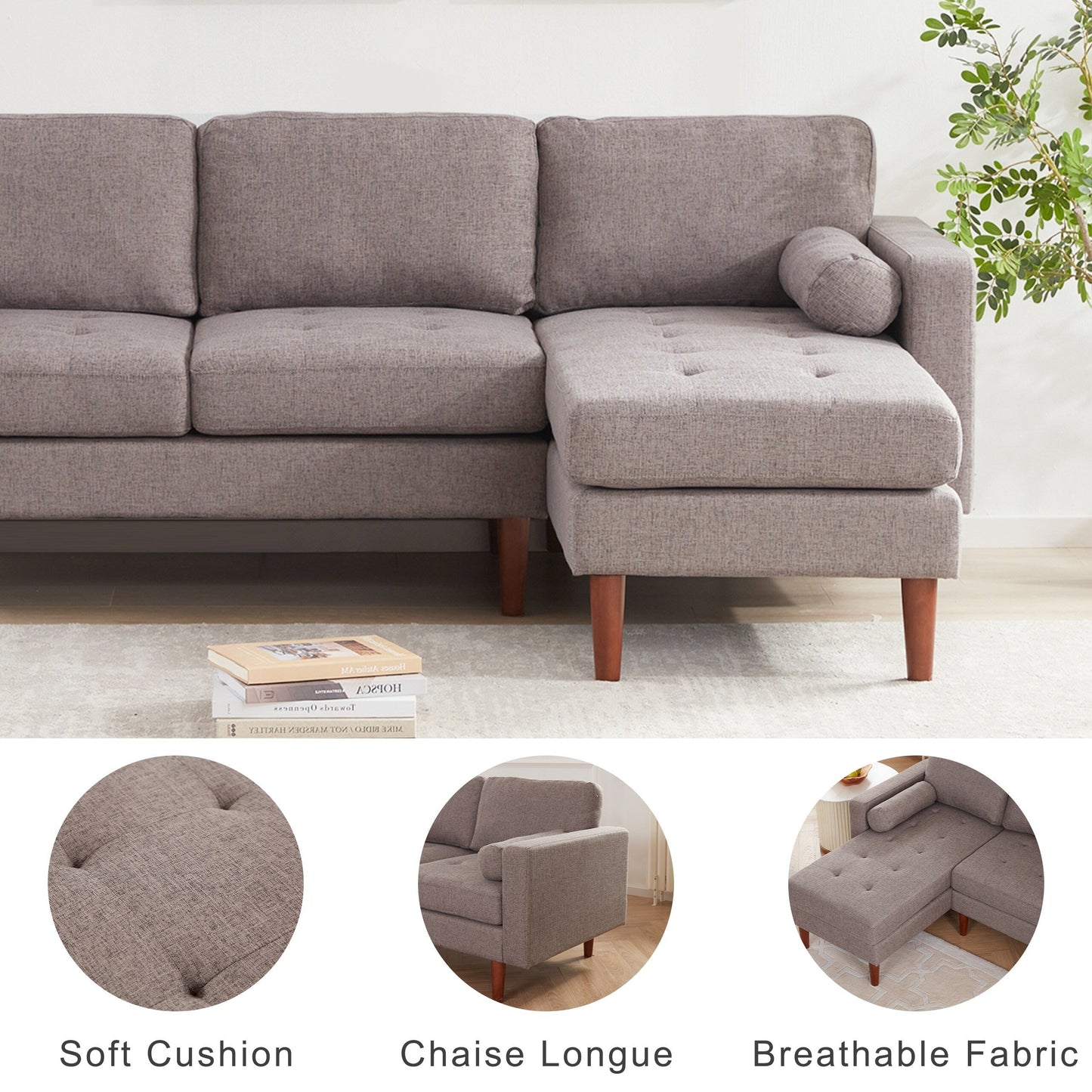 Divano componibile a 3 posti a forma di L in tessuto 80 con cuscini trapuntati, chaise longue reversibile, divano moderno di metà secolo