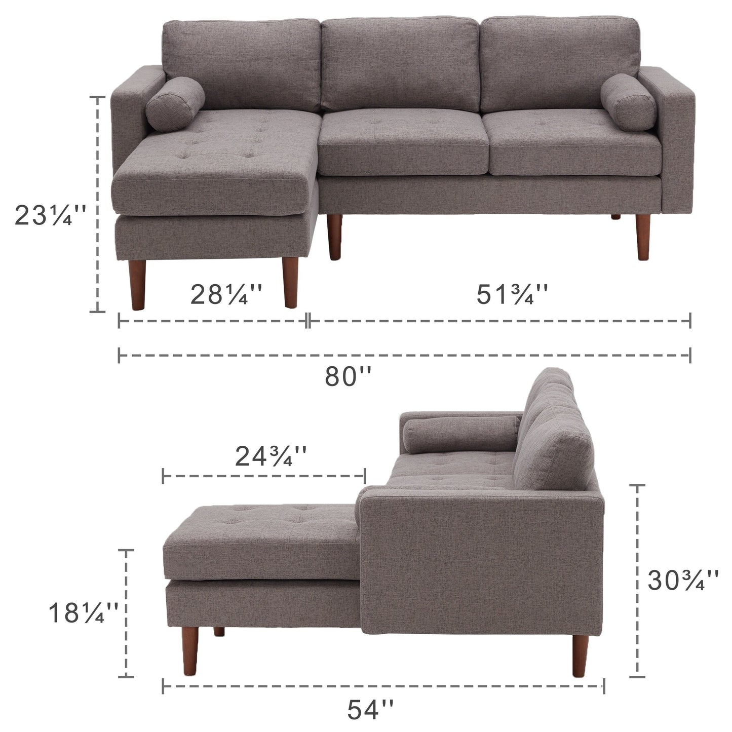 Divano componibile a 3 posti a forma di L in tessuto 80 con cuscini trapuntati, chaise longue reversibile, divano moderno di metà secolo