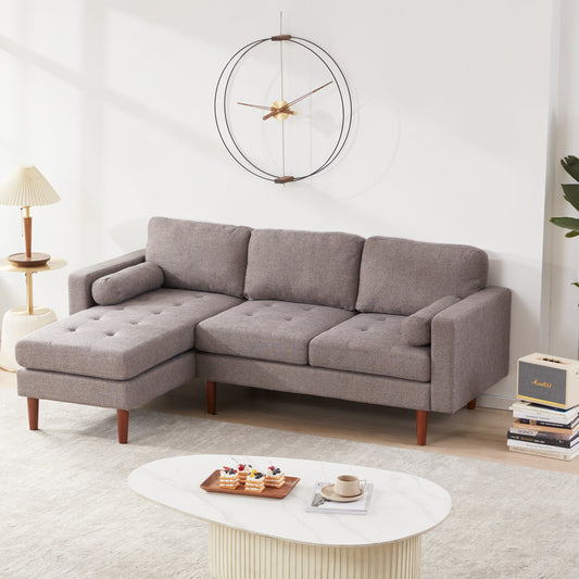 Divano componibile a 3 posti a forma di L in tessuto 80, con cuscini trapuntati, chaise longue reversibile e robusta struttura in legno