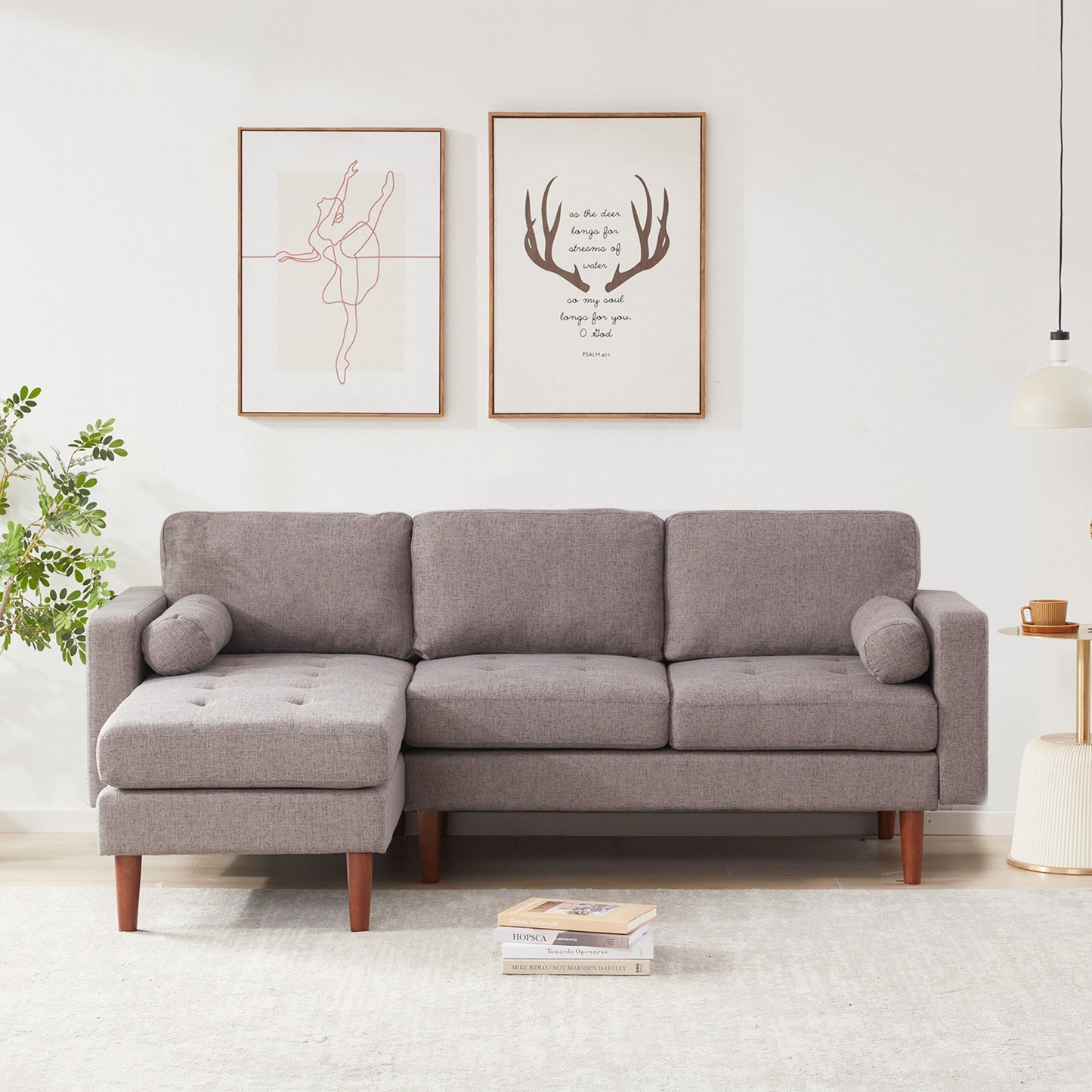 Divano componibile a L in tessuto 80 con cuscini trapuntati e chaise longue reversibile