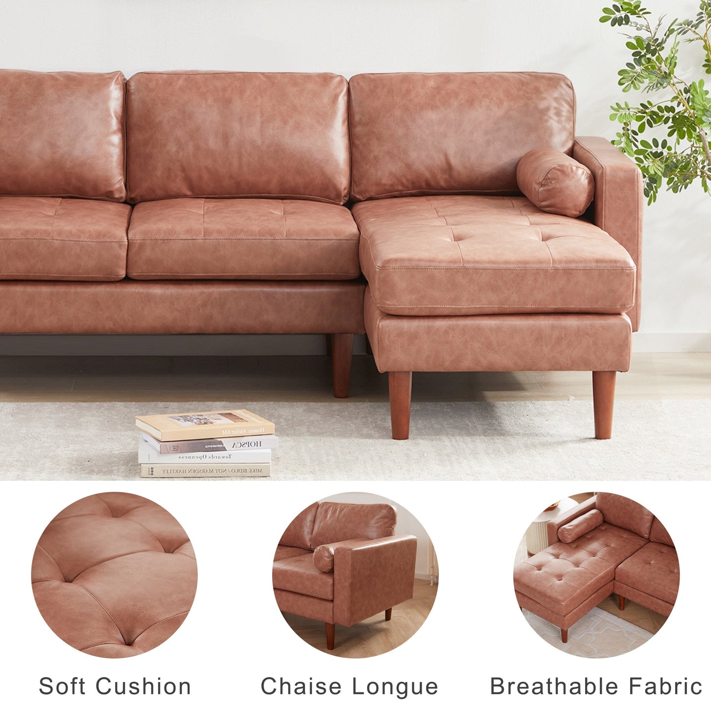 Divano componibile a L in tessuto 80 con cuscini trapuntati e chaise longue reversibile