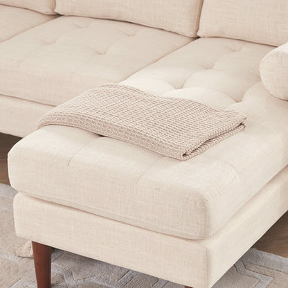 Divano componibile a L da 80 posti in lino con chaise longue reversibile, cuscino di seduta trapuntato, robusta struttura in legno