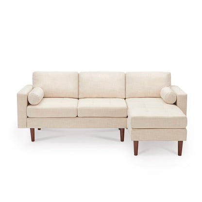 Divano componibile a L da 80 posti in lino con chaise longue reversibile, cuscino di seduta trapuntato, robusta struttura in legno