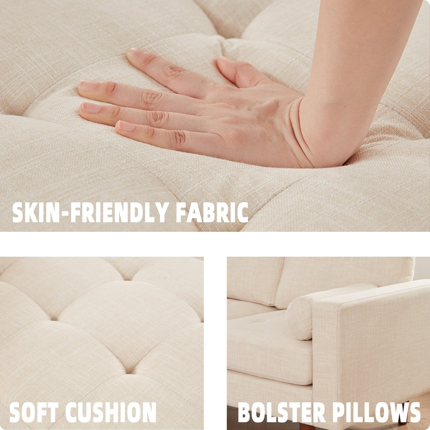 Divano componibile a L da 80 posti in lino con chaise longue reversibile, cuscino di seduta trapuntato, robusta struttura in legno