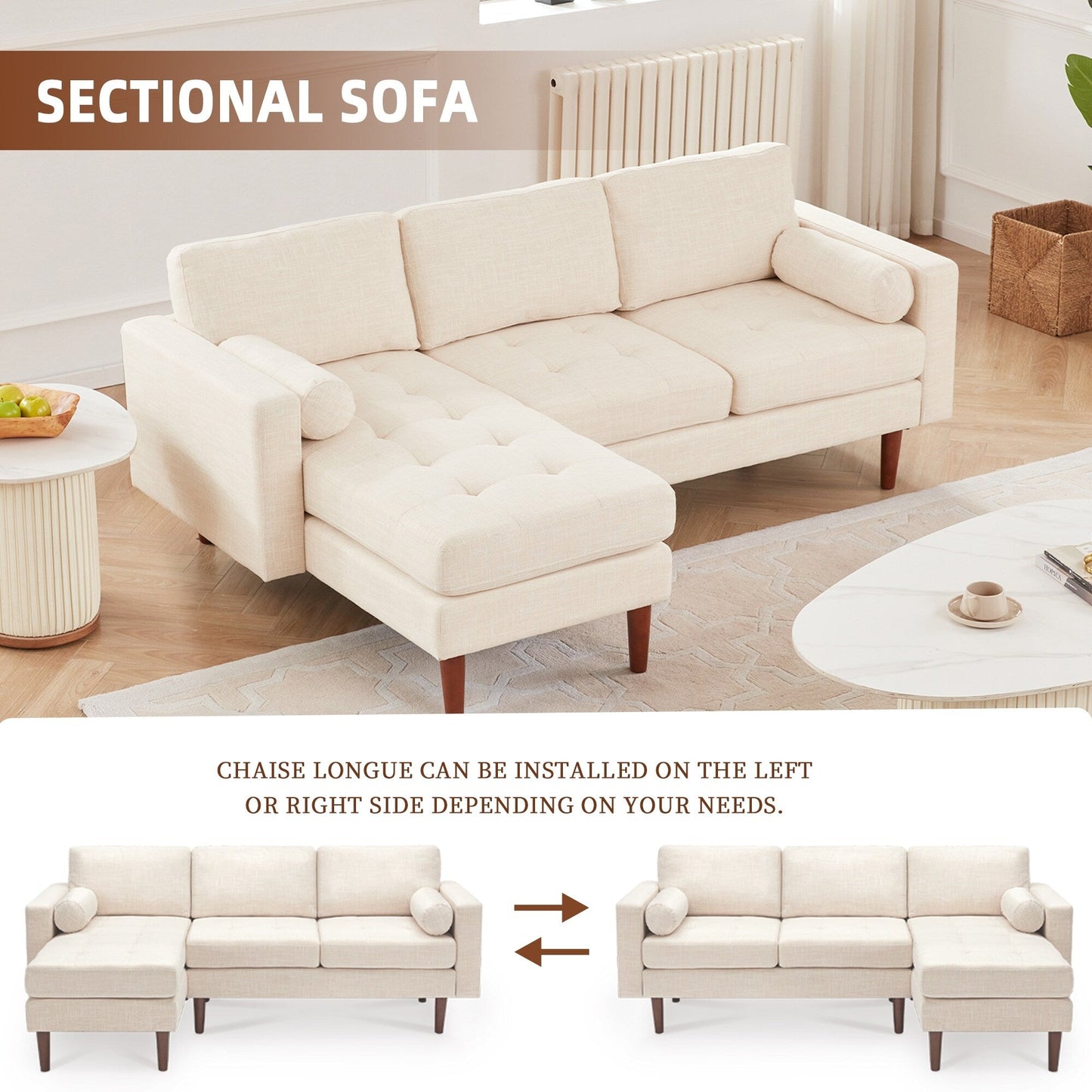 Divano componibile a L da 80 posti in lino con chaise longue reversibile, cuscino di seduta trapuntato, robusta struttura in legno