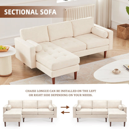Divano componibile a L da 80 posti in lino con chaise longue reversibile, cuscino di seduta trapuntato, robusta struttura in legno