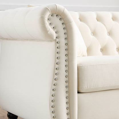 Divano Chesterfield in velluto 80 a 3 posti con design capitonné, finiture con borchie e 2 cuscini