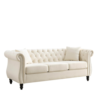 Divano Chesterfield in velluto 80 a 3 posti con design capitonné, finiture con borchie e 2 cuscini