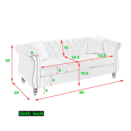 Divano Chesterfield in velluto 80 a 3 posti con design capitonné, finiture con borchie e 2 cuscini