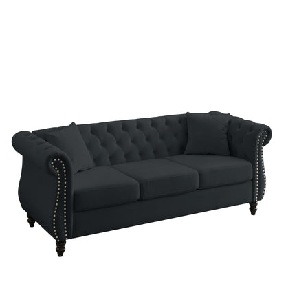 Divano Chesterfield in velluto 80 a 3 posti con design capitonné, finiture con borchie e 2 cuscini