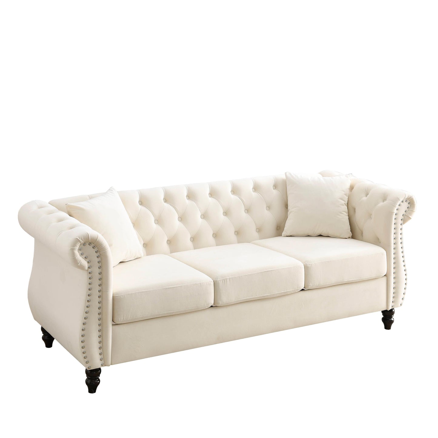 Divano Chesterfield in velluto 80 a 3 posti con design capitonné, finiture con borchie e 2 cuscini