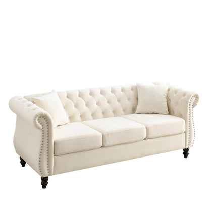 Divano Chesterfield in velluto 80 a 3 posti con design capitonné, finiture con borchie e 2 cuscini