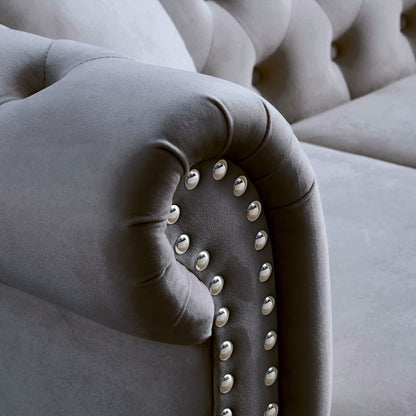 Divano Chesterfield in velluto 80 a 3 posti con design capitonné, finiture con borchie e 2 cuscini