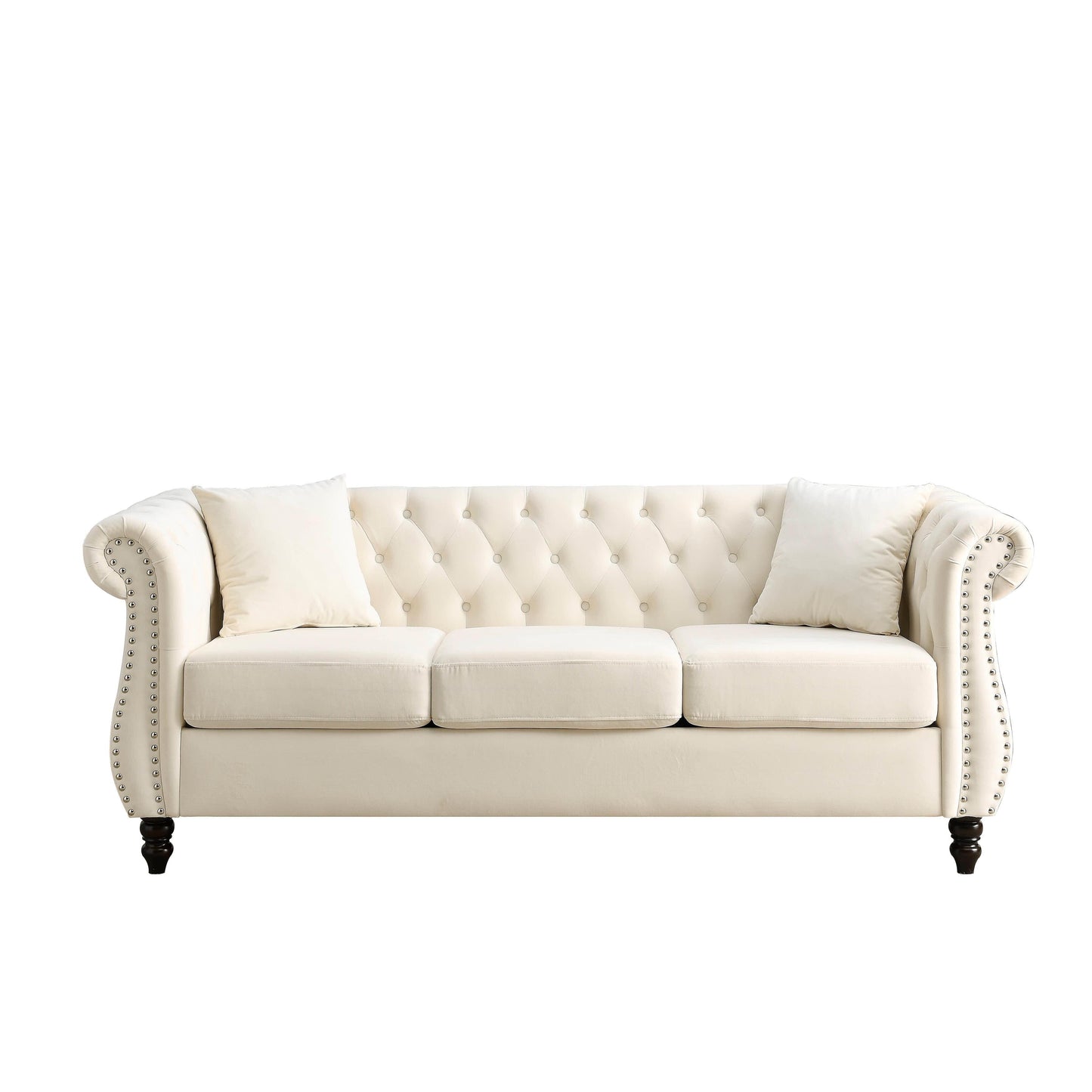 Divano Chesterfield in velluto 80 a 3 posti con design capitonné, finiture con borchie e 2 cuscini