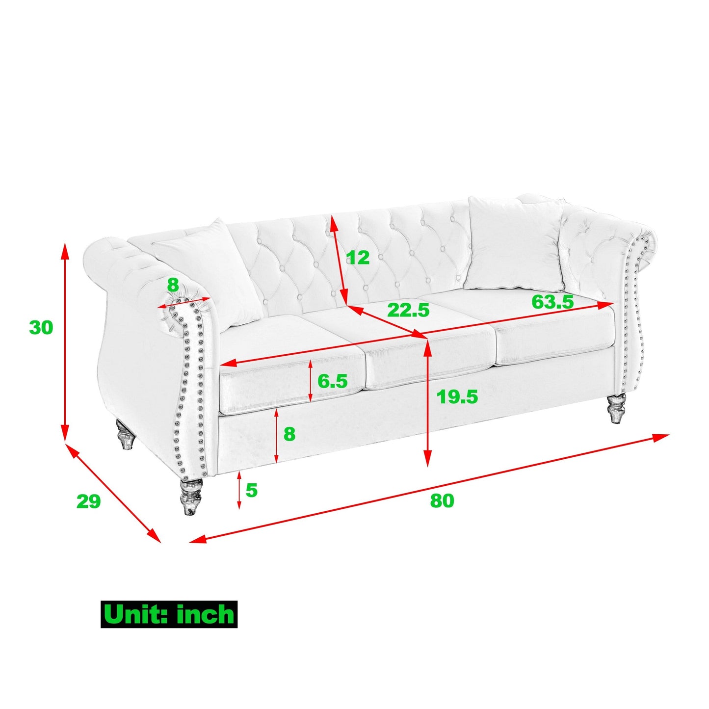 Divano Chesterfield in velluto 80 a 3 posti con design capitonné, finiture con borchie e 2 cuscini