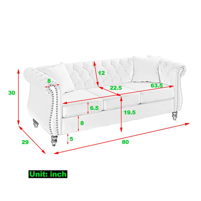 Divano Chesterfield in velluto 80 a 3 posti con design capitonné, finiture con borchie e 2 cuscini