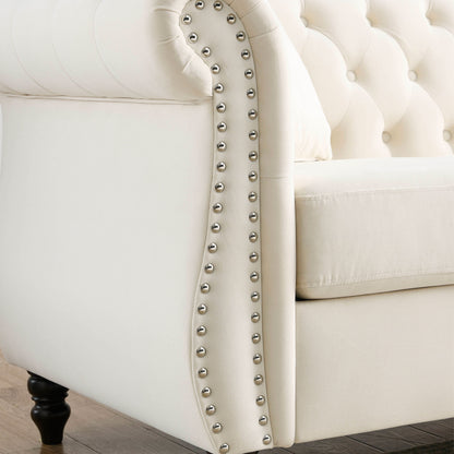 Divano Chesterfield in velluto 80 a 3 posti con design capitonné, finiture con borchie e 2 cuscini