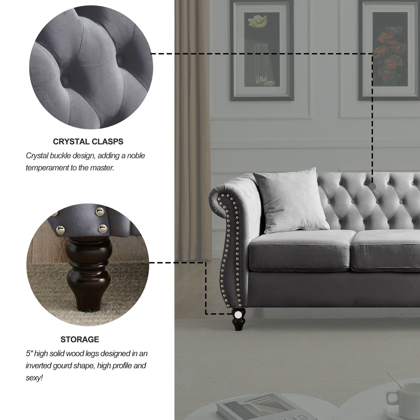 Divano Chesterfield in velluto 80 a 3 posti con design capitonné, finiture con borchie e 2 cuscini